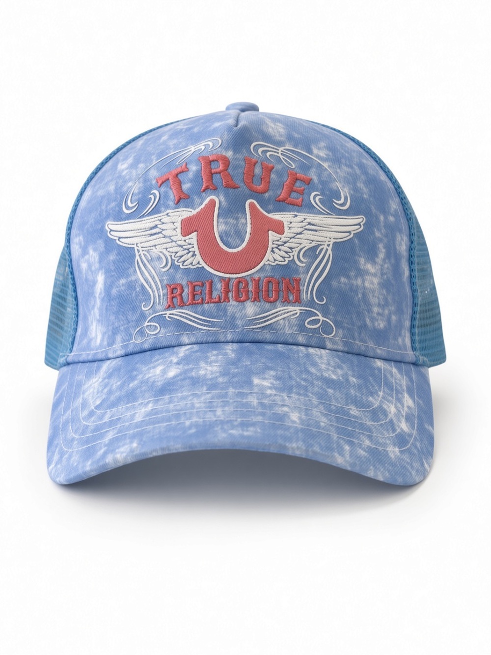 NWT True Religion Winged HS Trucker Hat Dutch Canal Blue Acid Wash One Size